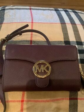 Michael Kors Plum Leather Crossbody Wallet with Gold MK Emblem